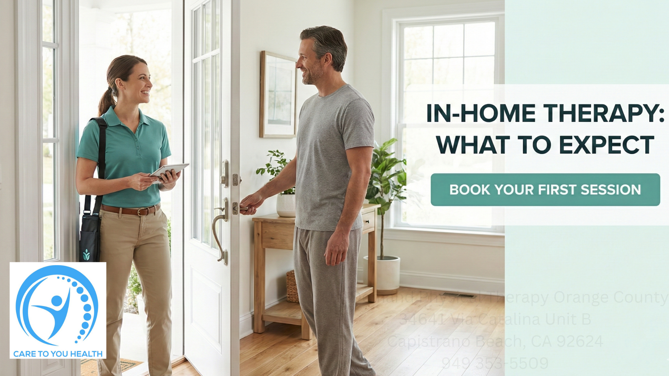 A therapist with a clipboard enters a home, greeting a man in casual clothes; on-screen text reads "In-home therapy: What to expect" and "Book your first session.