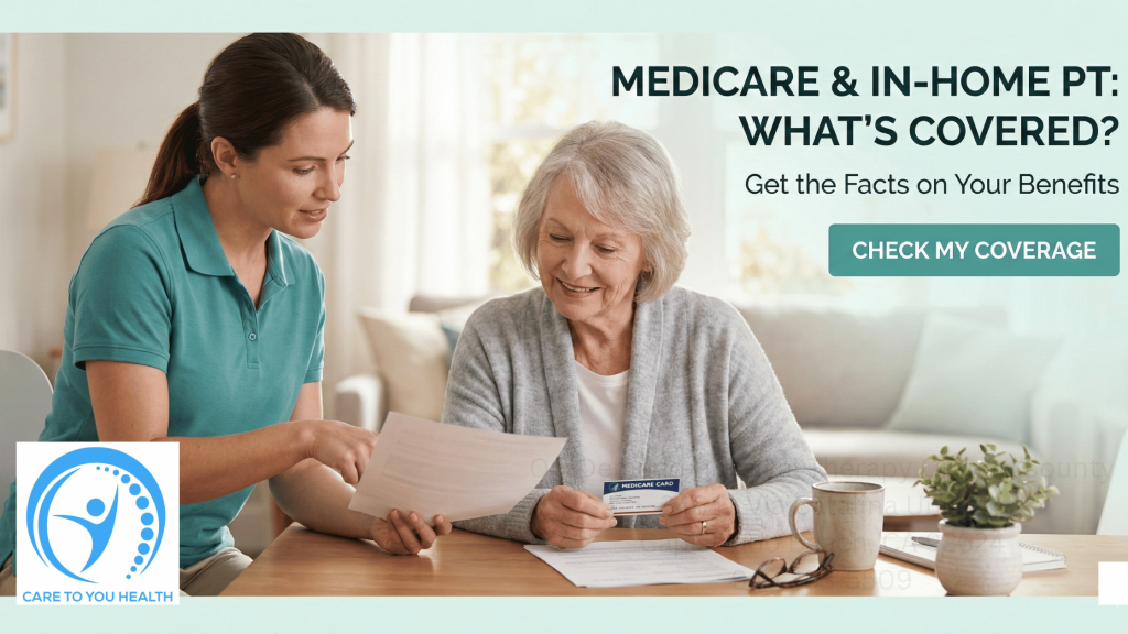 How Medicare Covers In-Home Physical Therapy (Without the Surprise Bills) 1 A healthcare professional reviews documents with an older woman holding a Medicare card. Text discusses Medicare and in-home physical therapy coverage. Care To You Health logo is visible.