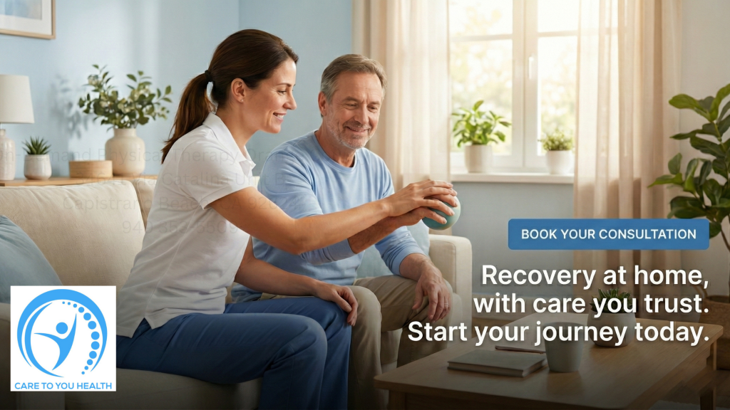 A female caregiver hands a cup to a smiling older man in a living room. Text promotes home recovery and a consultation. "Care to You Health" logo is displayed in the corner.