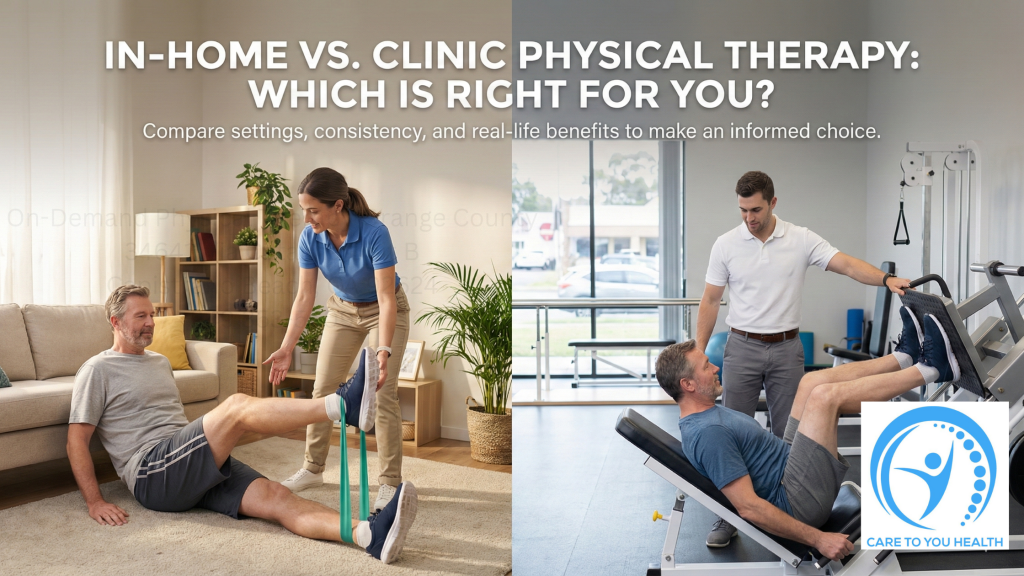 Split image showing a man receiving physical therapy at home on the left and in a clinic on the right; text compares in-home vs. clinic therapy options. Care To You Health logo is present.