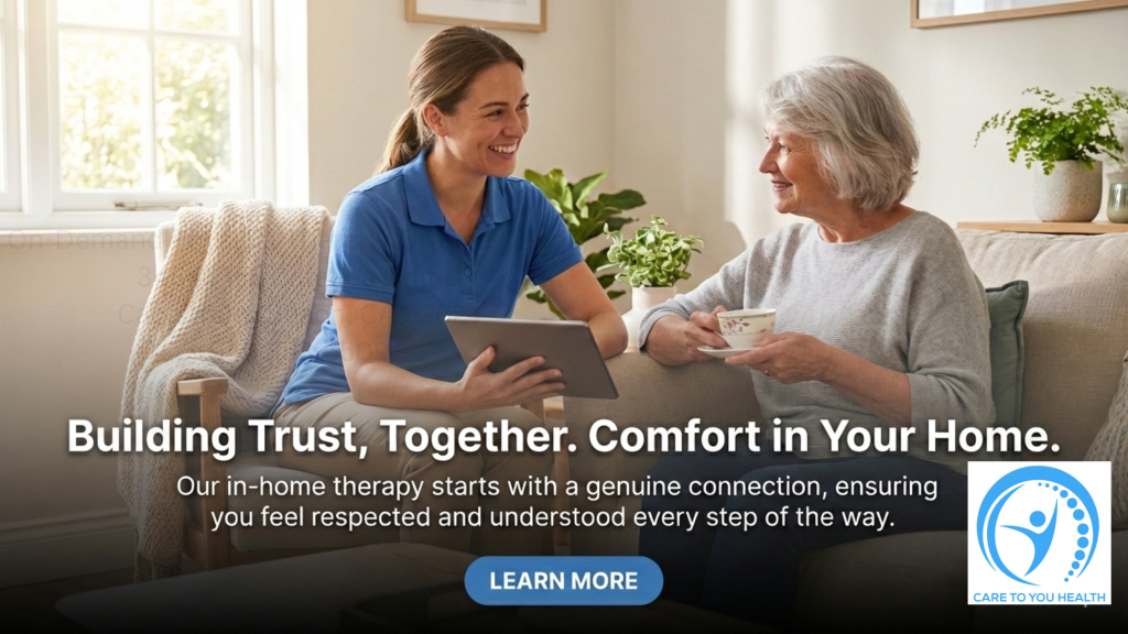 A young caregiver with a tablet smiles while speaking to an older woman holding a mug on a couch, promoting in-home therapy services from Care to You Health.