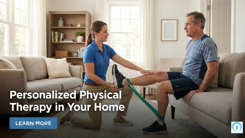 A physical therapist assists an older man with leg exercises using a resistance band in a living room. Text reads, "Personalized Physical Therapy in Your Home.