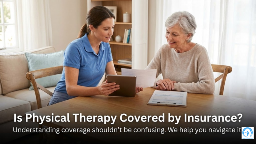 A younger woman in scrubs shows papers on a tablet to an older woman at a table. Text reads: "Is Physical Therapy Covered by Insurance?" with a subtitle about understanding coverage.
