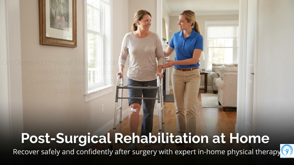 A woman using a walker is assisted by a physical therapist in a home setting for post-surgical rehabilitation.