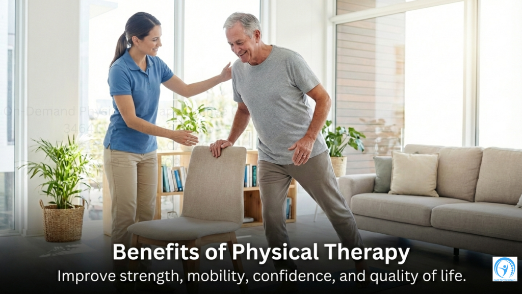 A physical therapist assists an older man as he stands up from a chair in a living room. Text reads: "Benefits of Physical Therapy: Improve strength, mobility, confidence, and quality of life.