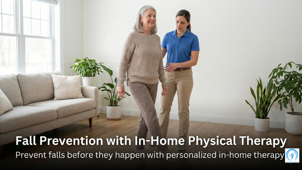 An older woman practices walking with support from a physical therapist in a bright living room, illustrating in-home physical therapy for fall prevention.