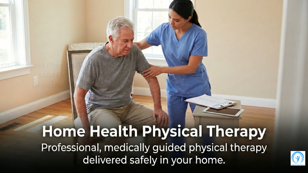 A physical therapist assists an older man with arm exercises at home, with a clipboard on a chair nearby. Text promotes home health physical therapy services.