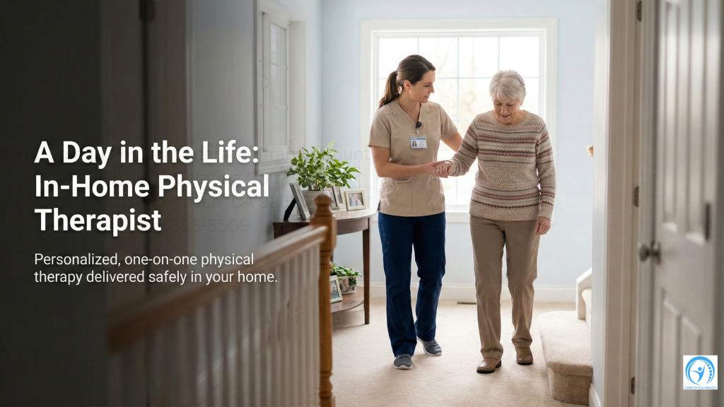 A physical therapist assists an elderly woman walking inside a home, illustrating in-home physical therapy care. Text describes personalized therapy delivered safely at home.