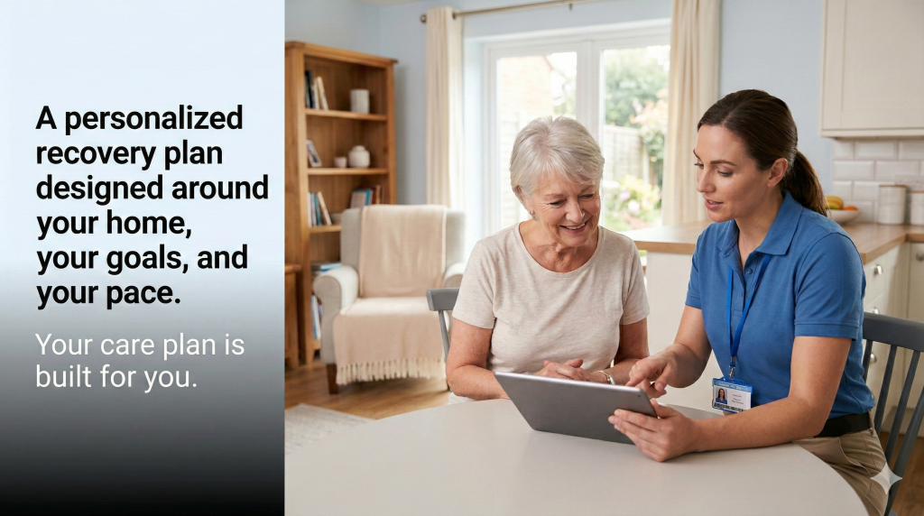 A healthcare professional shows a tablet to an older woman at a kitchen table, discussing a personalized recovery plan. Text on the left highlights customized care plans.