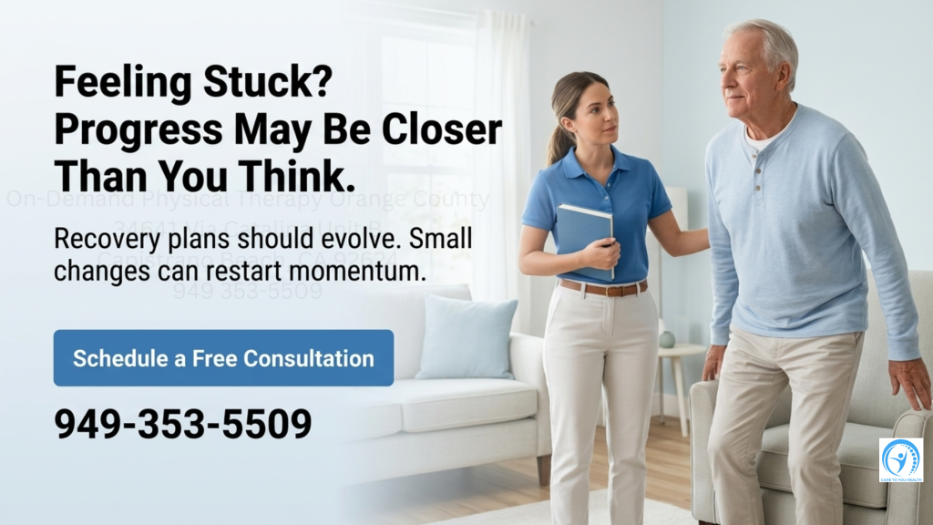 Feeling Stuck? How to Reignite Progress with In-Home PT 1 A physical therapist assists an older man as he walks with a cane in a living room. Text offers a free consultation and displays a phone number.