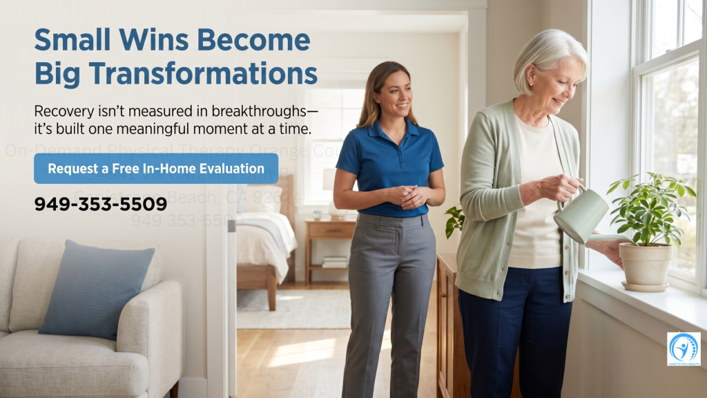 Small Wins, Big Impact: Celebrating Milestones in Physical Therapy Recovery 1 An older woman waters plants by a window while a younger woman in a blue shirt stands nearby. Text offers a free in-home evaluation for physical therapy, with a phone number provided.