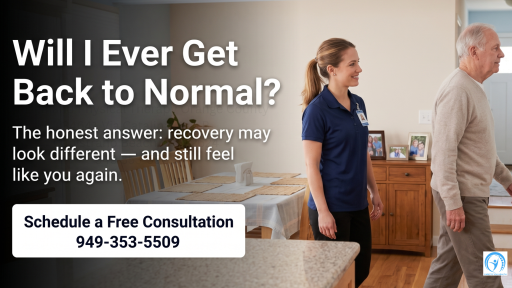 Will I Ever Get Back to Normal with Physical Therapy?” — The Honest Answer 1 A healthcare worker assists an older man walking in a home setting. Text promotes free recovery consultations with a phone number and message about adapting to a new normal after illness or injury.